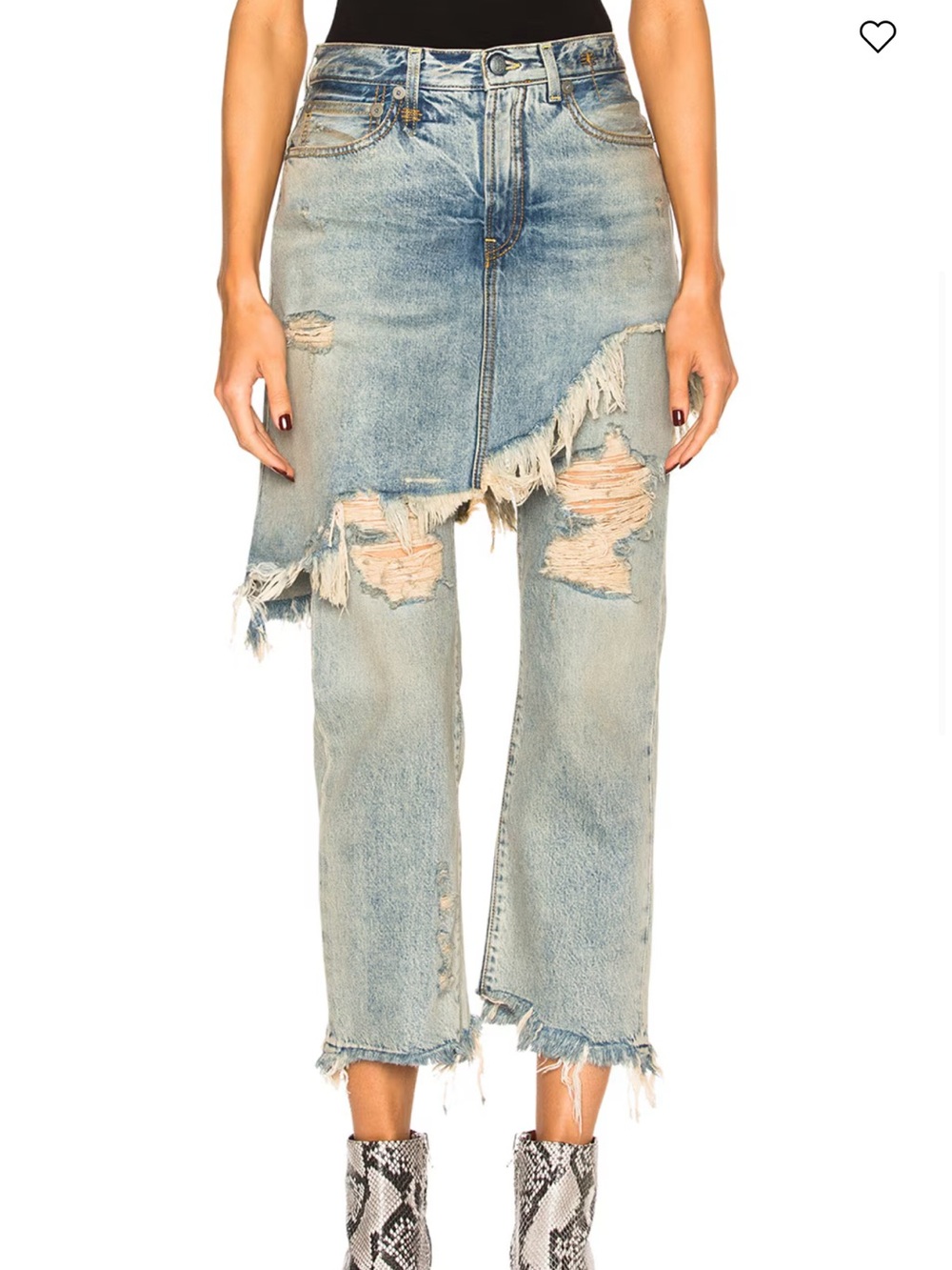 R13 Double Classic Shredded Hem Skirt Overlay Jeans in Leyton Blue Wash Size 26